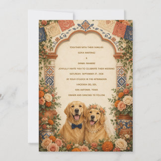 Personalised Mexican Folk Art Golden Retriever Wed Invitation