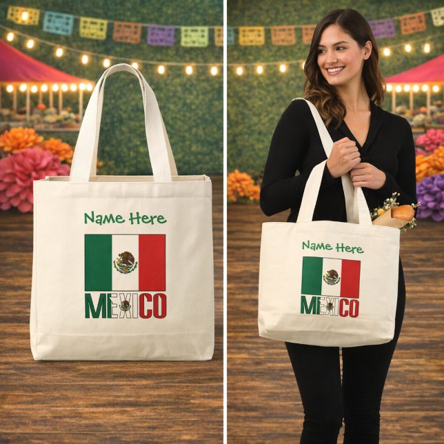 Personalised Mexico Flag Design Large Tote Bag (Personalized large tote bag has Mexican flag and MEXICO with name above. Design on both sides.)