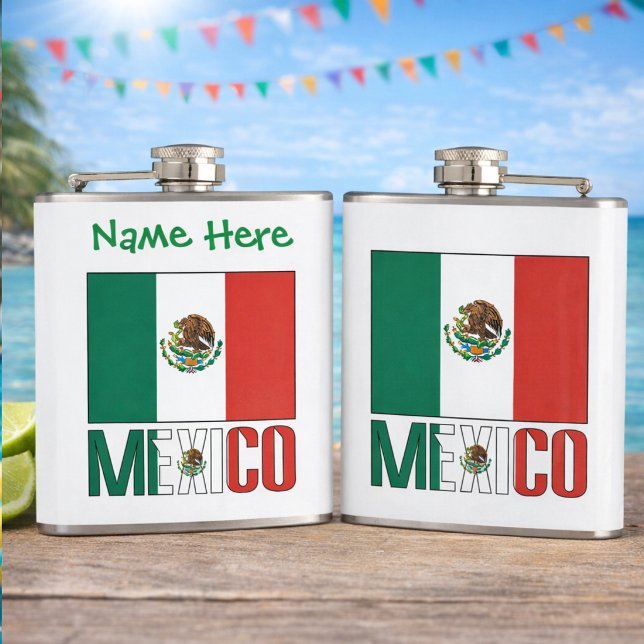 Personalised Mexico Flag Hip Flask (Personalized flask with the Mexican Flag and MEXICO. Front can add a name above. Back just has flag )