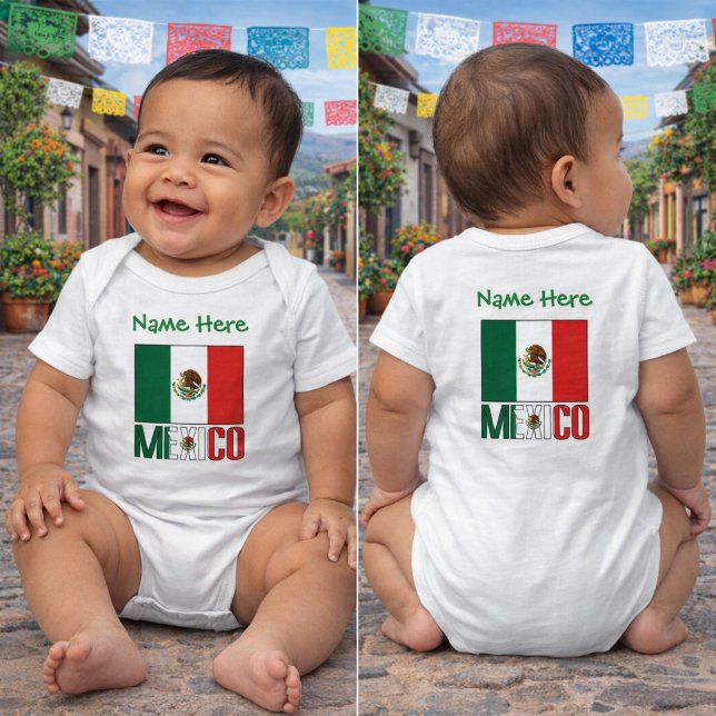 Personalised Mexico Flag Name Design Baby Bodysuit (Personalized baby bodysuit Mexican Flag and MEXIXO flag colors. Green name above. Design both sides.)