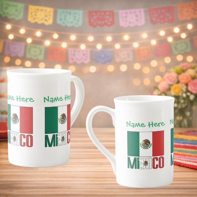 Personalised Mexico Flag Name Design Bone China Mug (Personalized bone china mug. Design on 3 sides. Mexican Flag, MEXICO in flag colors. Name above.)