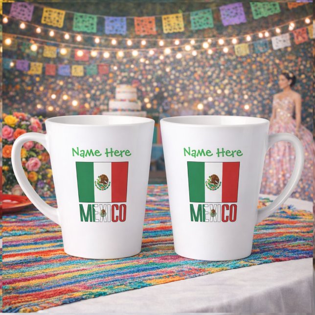Personalised Mexico Flag Name Design Latte Mug (Personalized small latte mug has design on 2 sides. Mexican Flag, MEXICO below. Name added above.)
