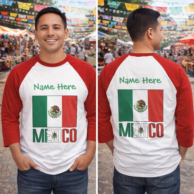 Personalised Mexico Flag Name Design Men’s  T-Shirt (Men’s Mexico baseball tee, red sleeves, flag and personalized front and back, festival background)