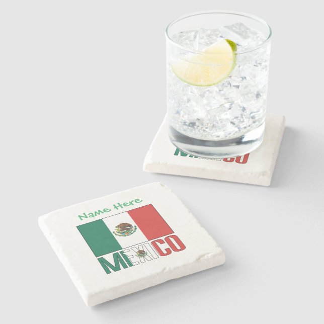 Personalised Mexico Flag Name Design Stone Coaster (Side)