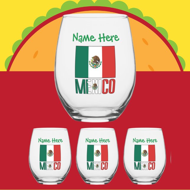 Personalised Mexico Flag Stemless Wine Glass (Creator Uploaded)