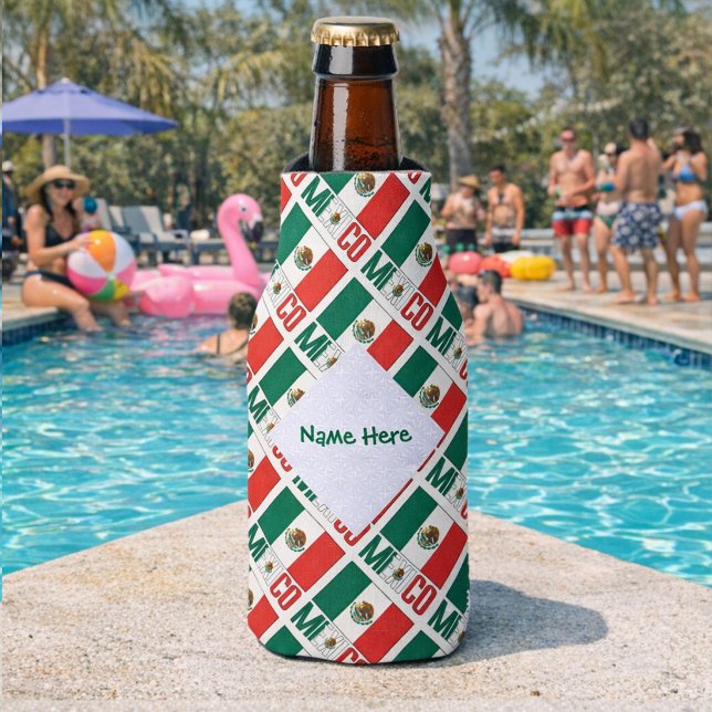 Personalised Mexico Tiled Bottle Cooler (Personalized bottle cozie with tiled Mexican Flag and MEXICO. Add a name inside the white fractal.)