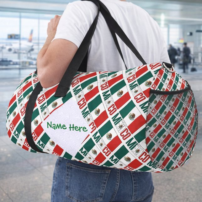 Personalised Mexico Tiled Flag Travel  Duffle Bag (Personalized duffel bag has tiled Mexican Flag and MEXICO in flag colors. White fractal for name.)