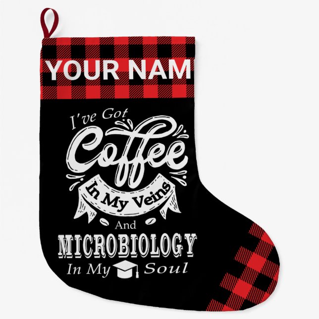 Personalised Microbiology Coffee In My Veins Plaid Large Christmas Stocking (Front)
