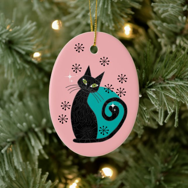 Personalised Mid Century Atomic Cat Christmas Ceramic Tree Decoration (Tree)