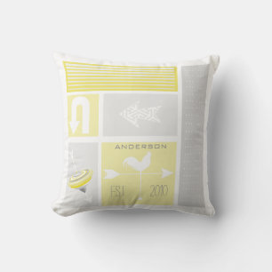 Personalised Mid-Century Grey Yellow Aqua Farm Cushion
