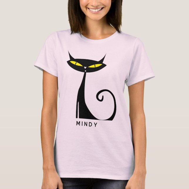 Personalised Mid Century Modern Atomic Black Cat T-Shirt (Front)