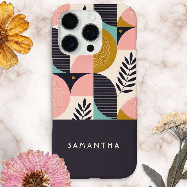 Personalised Mid-Century Modern Geometric Boho Case-Mate iPhone Case (A personalized phone case with boho botanical pattern in a mid-century modern geometric style)