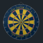 Personalised Mid-Century Mustard Green Red & Blue Dartboard<br><div class="desc">Dartboard with a mid-century colour scheme (dark blue,  red,  green and mustard yellow) with your personalised text on the top and bottom of the board. Add this to your mid-century modern home decor!</div>