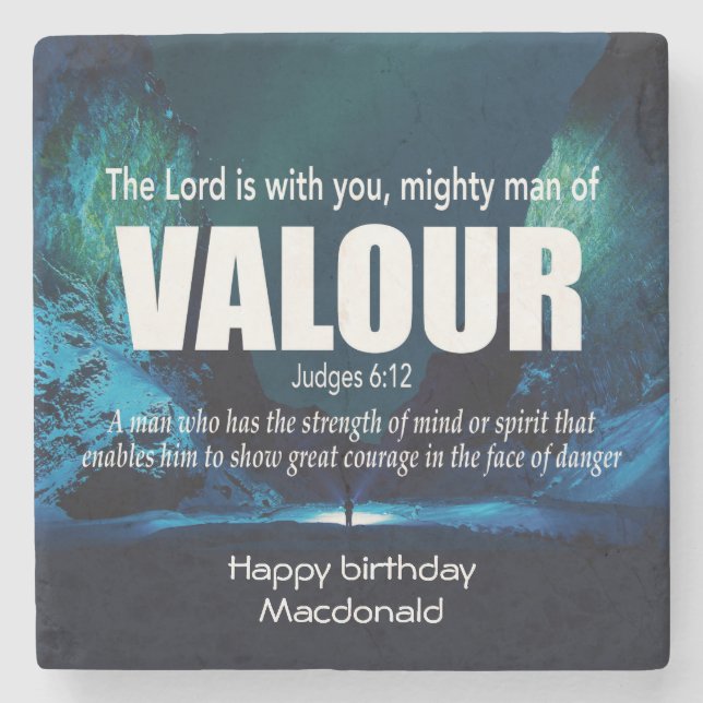 Personalised MIGHTY MAN OF VALOUR Christian Stone Coaster (Front)