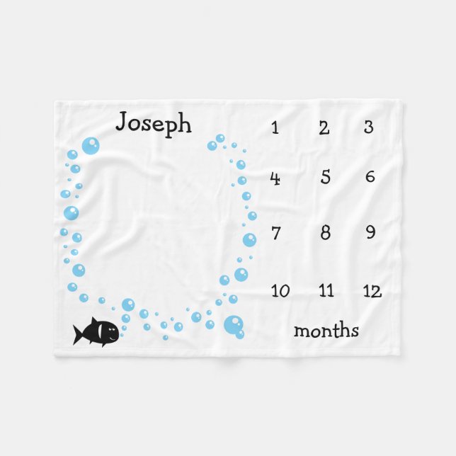 Personalised Milestone Baby months fish bubbles Fleece Blanket (Front (Horizontal))