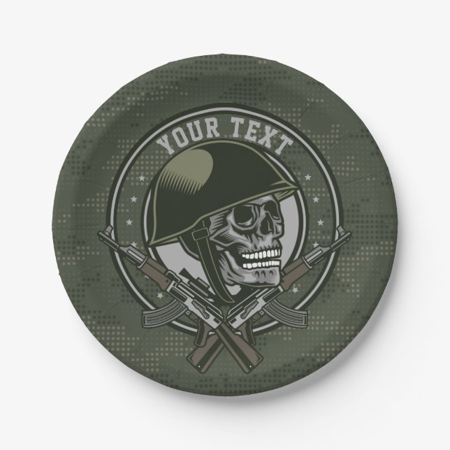 Personalised Military Camo Soldier Skull and Guns  Paper Plate (Front)