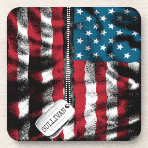 Personalised Military Soldier Dog Tags USA Flag Coaster