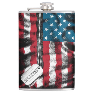 Personalised Military Soldier Dog Tags USA Flag Hip Flask