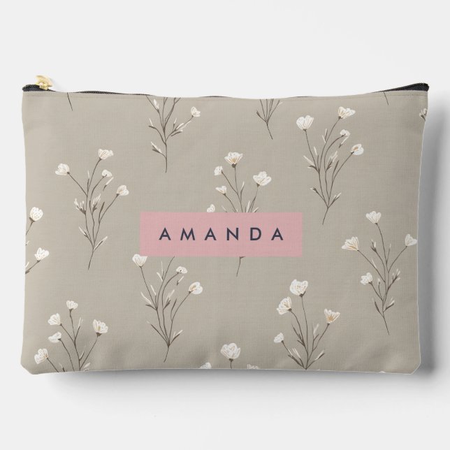 Personalised Minimal Beige Floral Design Accessory Pouch (Front)