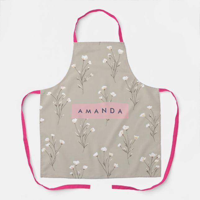 Personalised Minimal Beige Floral Design Apron (Front)