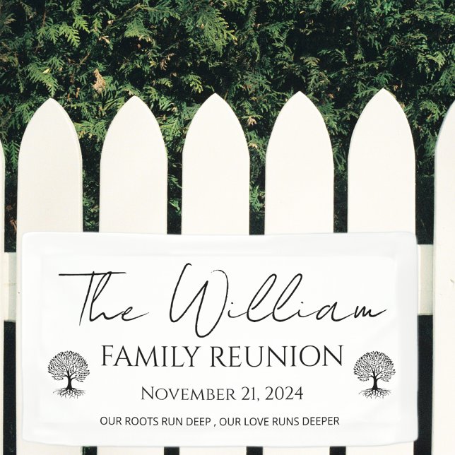 personalised minimal modern white family reunion banner (Family reunion vinyl banner modern elegant script welcome banner for family reunion event)