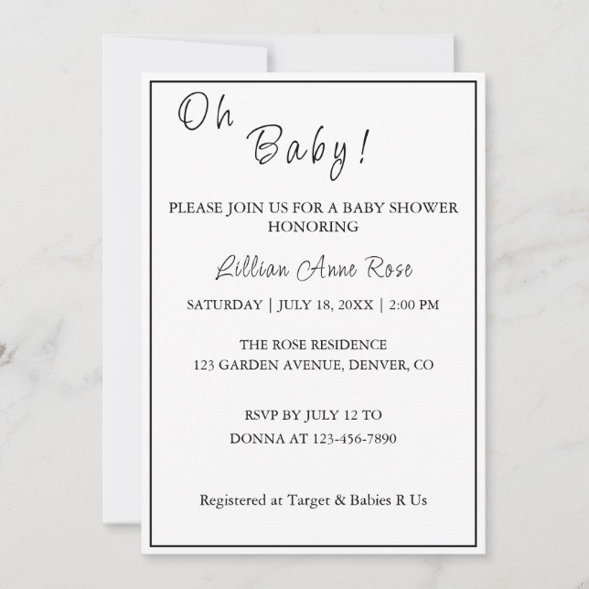 Personalised Minimalist B&W Oh Baby! Shower Invitation (Front)