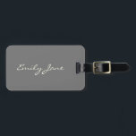 Personalised Minimalist Elegant Script Destination Luggage Tag<br><div class="desc">Add a touch of elegance to every journey with this personalised luggage tag, featuring a custom name in flowing white script on a soft grey background. Clean, minimalist, and effortlessly stylish, it’s perfect for honeymooners, jet-setting bridesmaids, or anyone who loves polished travel accessories. Makes a thoughtful bridal party favour, graduation...</div>