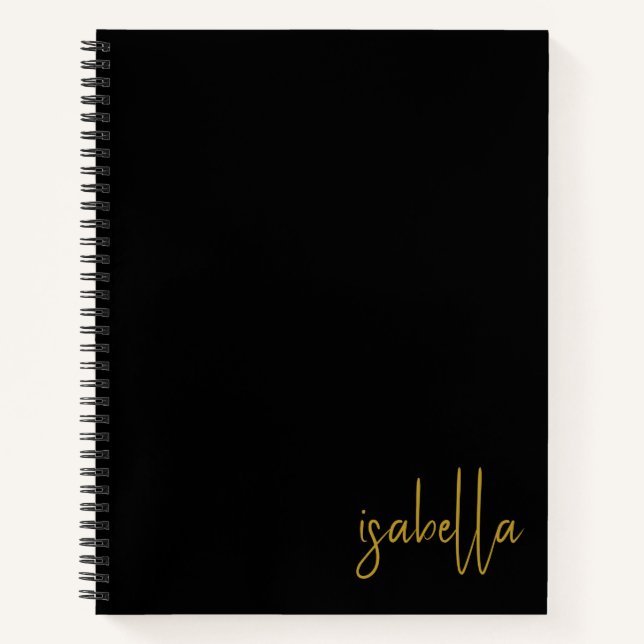 Personalised Minimalist Gold Script Name Black Notebook (Front)