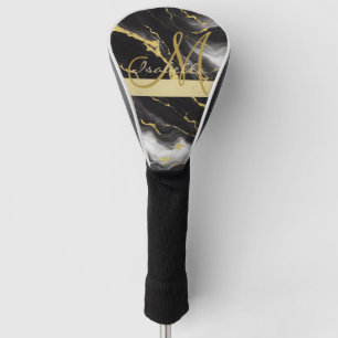 Personalised Minimalist Modern Black Gold Marble Golf Head Cover