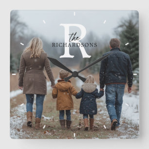 Personalised Minimalist Monogram Name Family Photo Square Wall Clock