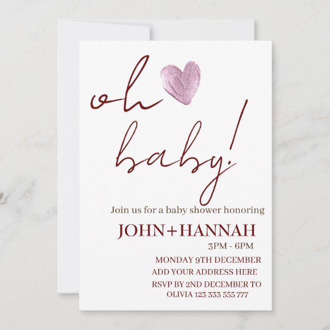 Personalised Minimalist Oh Baby Co-ed Baby Shower  Invitation (Front)