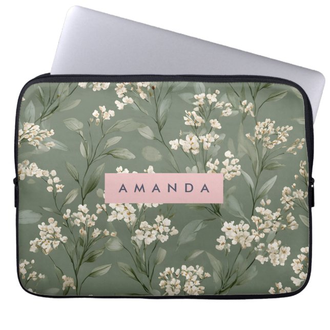 Personalised Minimalist Sage Floral Art  Laptop Sleeve (Front)