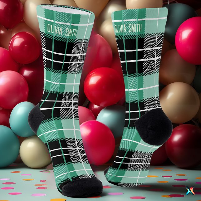 Personalised Mint Green and Black Tartan Plaid  Socks (Creator Uploaded)