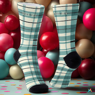 Personalised Mint Green and Cream Tartan Plaid  Socks