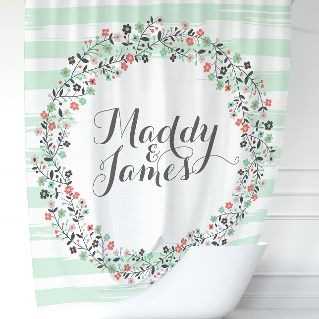 Personalised Mint Green Floral Wreath  Shower Curtain (Creator Uploaded)