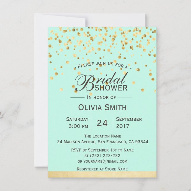 Personalised Mint Green Gold Bridal Shower Invites (Front)