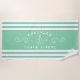 Personalised Mint Green Nautical Beach House Towel