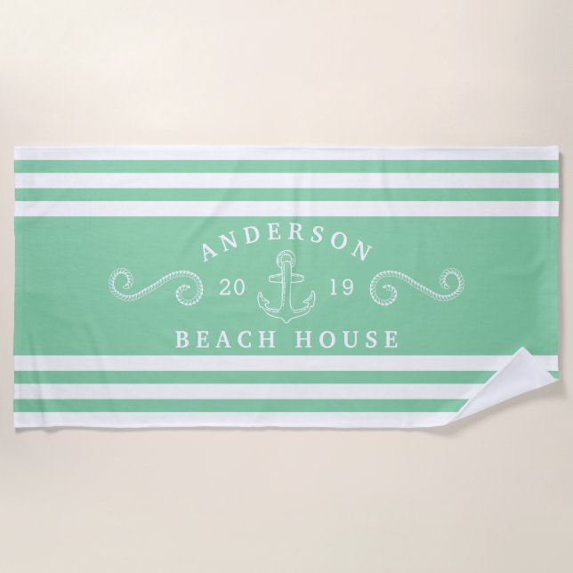 Personalised Mint Green Nautical Beach House Towel (Front)