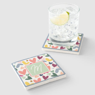 Personalised Mint Green Pink Blue Heart Pattern Stone Coaster