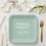 Personalised Mint Green Wedding Bridal Shower Paper Plate<br><div class="desc">Elegant custom wedding paper party plates feature a modern calligraphy script "Bridal Shower" design with cute heart accent. Personalise with the bride’s name and Future Mrs. name who the event is honouring. Clean and simple design. Note,  the mint green and white colour scheme can be modified.</div>