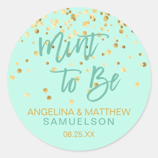 Personalised MINT TO BE Gold Confetti Wedding Classic Round Sticker (Front)
