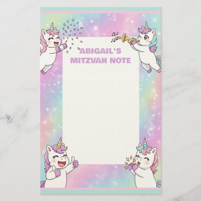 Personalised Mitzvah Note Pink Cute Unicorn Stationery (Front)
