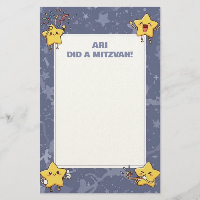 Personalised Mitzvah Note Purple Cheering Stars Stationery (Front)