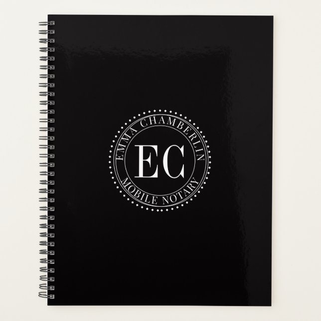 Personalised Mobile Notary Public Seal Logo Black Planner (Front)