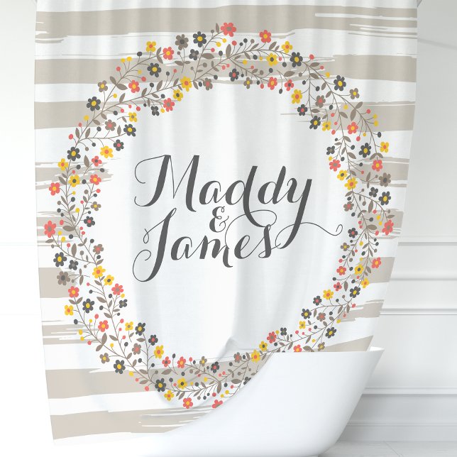 Personalised Mocha and Tan Floral Wreath Shower Curtain (Creator Uploaded)