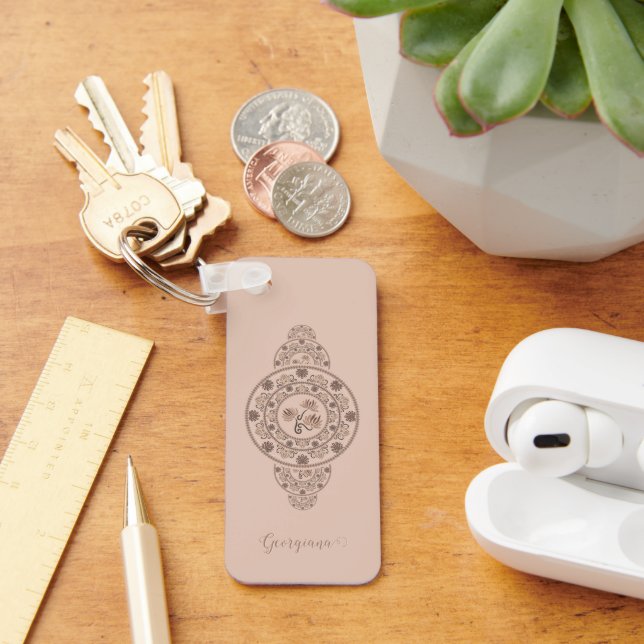 Personalised Mocha Rococo Lotus Ornamental Mandala Key Ring (Desk)