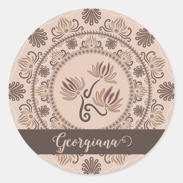 Personalised Mocha Rococo Revival Dot Mandala Classic Round Sticker (Front)