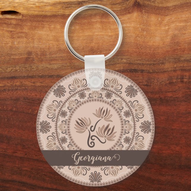 Personalised Mocha Rococo Revival Dot Mandala Key Ring (Front)