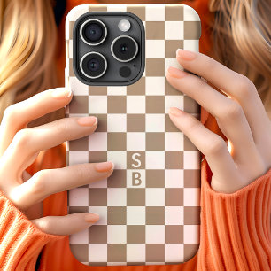 Personalised Mocha White Chequerboard Monogram iPhone 15 Case