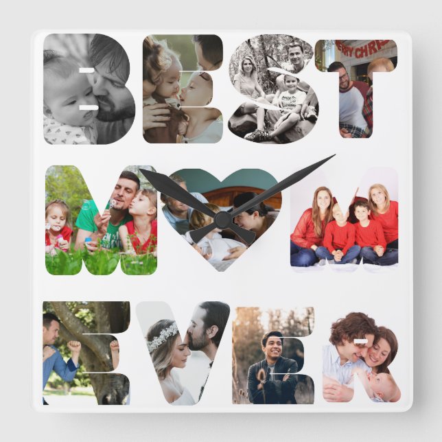 Personalised modern 11 photo Best mum ever Square Wall Clock (Front)